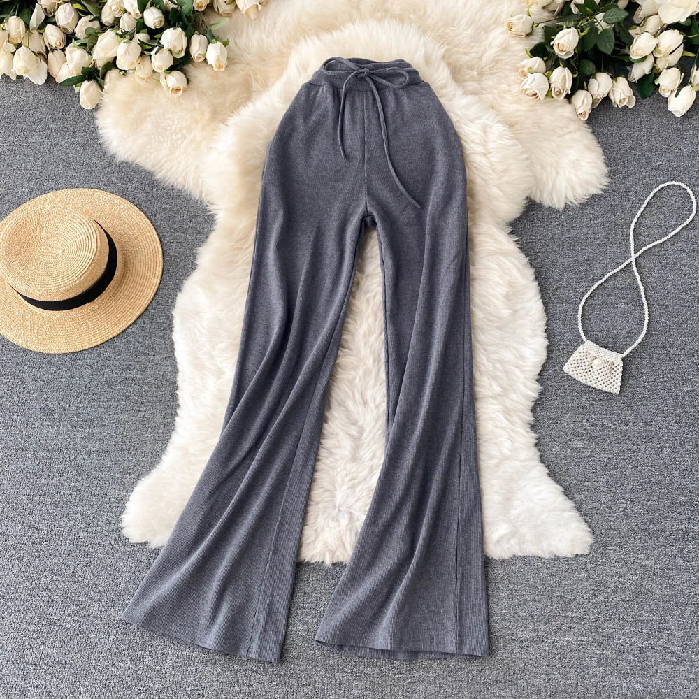 Women Long Pants Solid Fashion Spring Autumn High Elastic Waist Wide Leg Trousers Casual Sportswear Fitness Pants Trousers