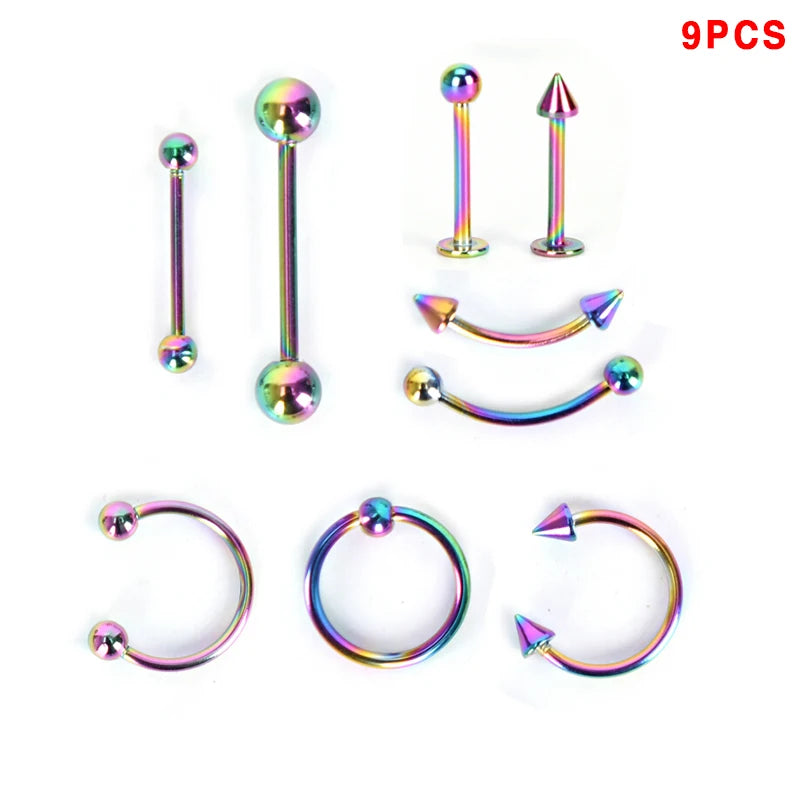 8/9/16Pcs Mix Bar Ball Ring Spiking Surgical Stainless Steel Ear Eyebrow Lip Nose Tongue Piercing Set Jewelry For For Women Men