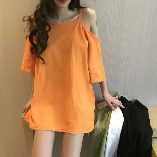 Tops Clothes Aesthetic Fashion Short Sleeve Korean Sexy Casual Graphic Pulovers Women's T-shirt Summer T Shirt Backless Midi