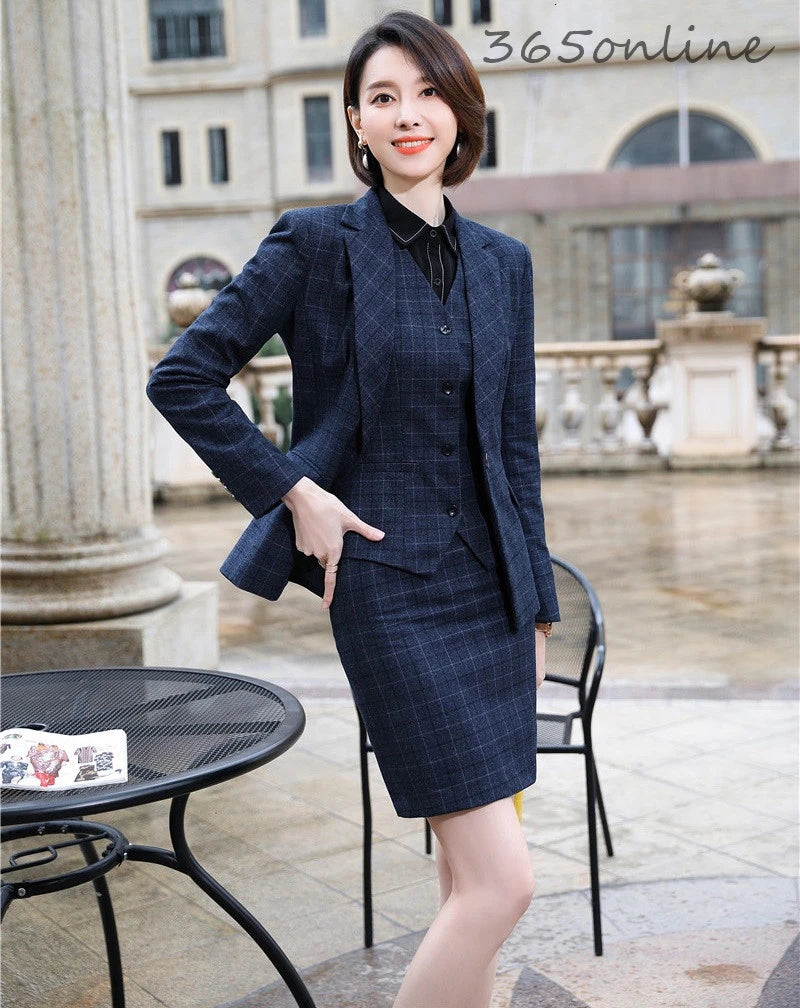 Formal Uniform Designs Pantsuits for Women Business Work Wear Ladies Office Autumn Winter Professional OL Blazers Fashion Plaid