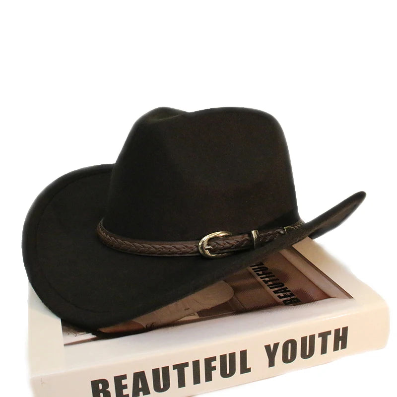 Coffee Leather Band Vintage Parent-child Women Men /Kid Child Wool Wide Brim Cowboy Western Hat Cowgirl Bowler Cap (54-57-61cm)