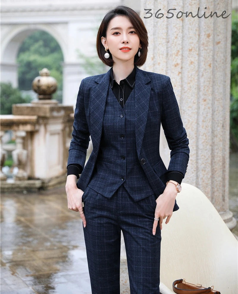 Formal Uniform Designs Pantsuits for Women Business Work Wear Ladies Office Autumn Winter Professional OL Blazers Fashion Plaid