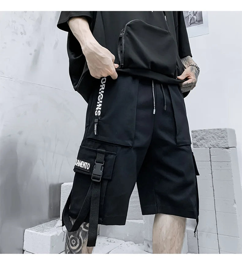 Summer Men Shorts Techwear Japanese Harajuku Fashion Hip Hop Punk Streetwear Cargo Shorts for Male Joggers Ribbons Baggy Clothes