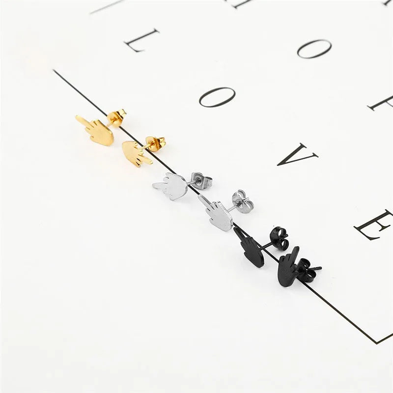 Punk Vertical Middle Finger Earrings Stainless Steel For Men Women Rock Geometric Shaped Stud Ear Jewelry Gifts 2pieces