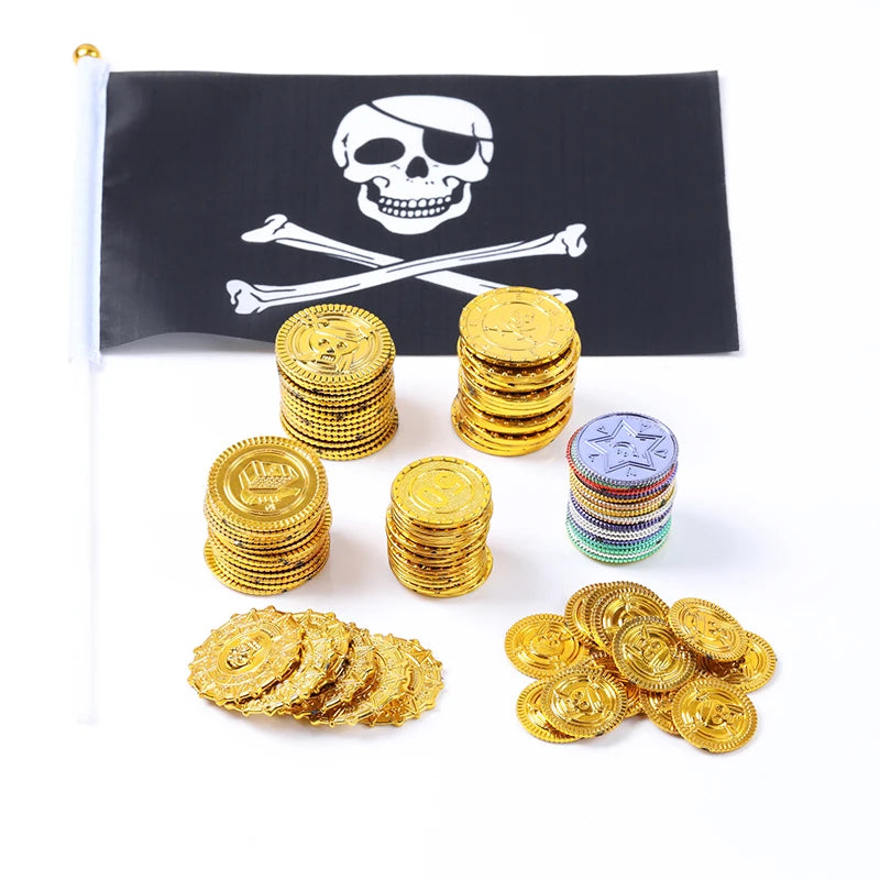 100pcs Plastic Gold Treasure Coins Pirate Gold Coins Props Toys Halloween Decoration Kids Birthday Party Props Accessories