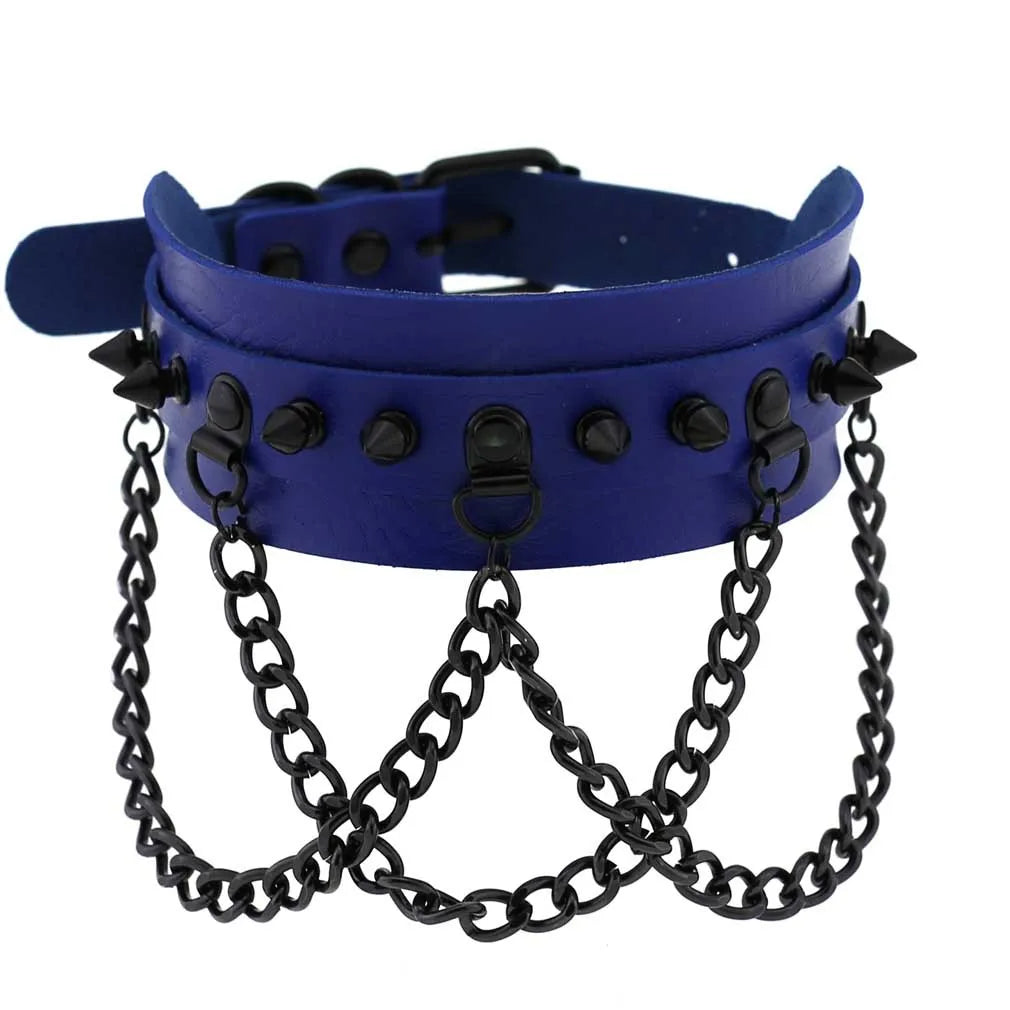 Goth Blue Choker Necklace Women Punk Rock Black Spike Rivet Round Heart Collar Nightclub Unisex Necklace Y2K Holloween Jewelry