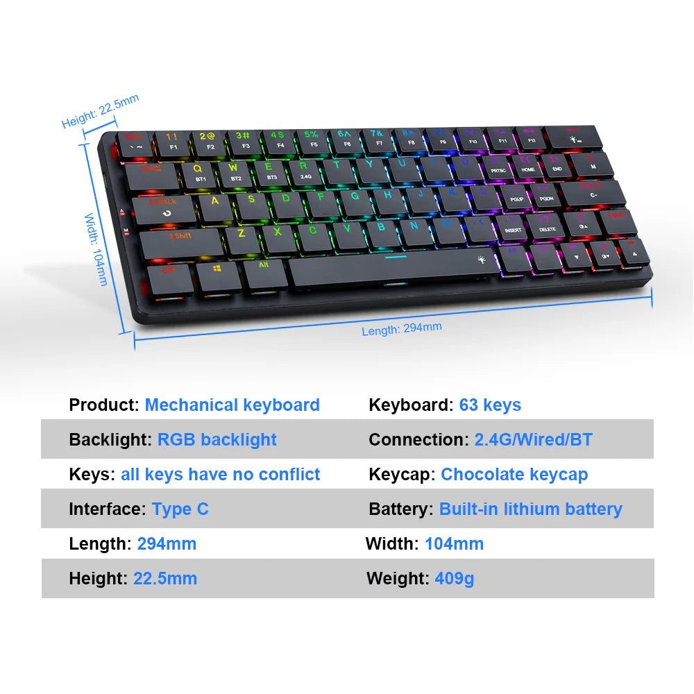 To Elise Pro K624P RGB Super slim Mechanical Gaming Keyboard USB Support Bluetooth wireless 2.4G 63 Keys for Compute PC