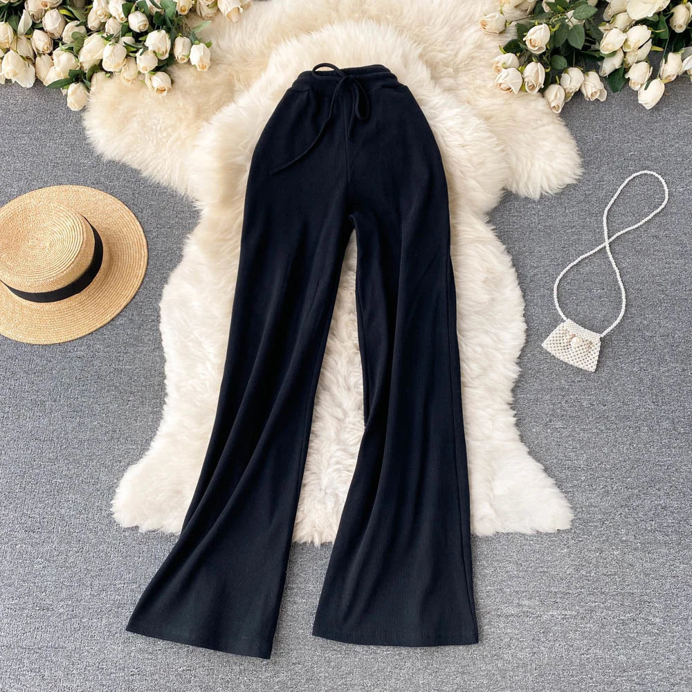 Women Long Pants Solid Fashion Spring Autumn High Elastic Waist Wide Leg Trousers Casual Sportswear Fitness Pants Trousers