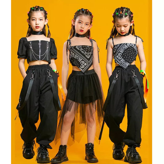 Kids Punk Hip Hop Clothing Square Neck Puff Sleeve Crop T Shirt Pleated Mesh Skirt Pant For Girls Jazz Dance Costume Set Clothes