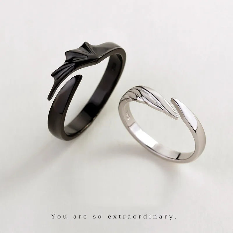 New hot sale couple silver color black color angel devil wings adjustable ring gift  J450