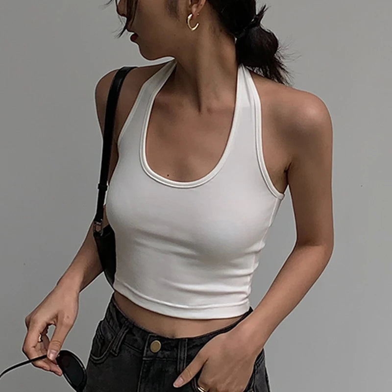 Cotton Sexy Backless Black White Tank Tops Halter Streetwear Vest Female Crop Top Summer 2024 Basic T-shirts Ladies Tube Camis