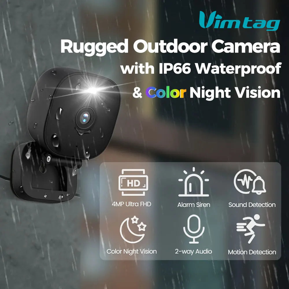 VIMTAG Outdoor Mini Camera WiFi 4MP Waterproof Color Night Vision 2-Way Audio AI Detect Security Cam IP Surveillance with Alexa