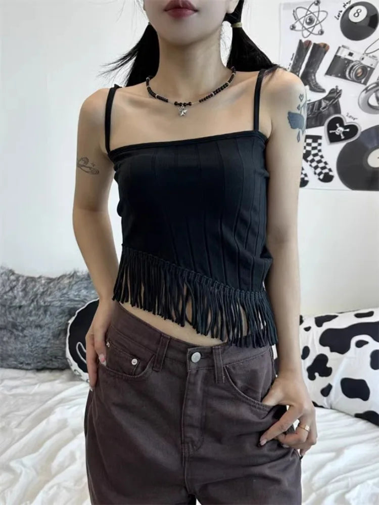 Korean Sexy Backless Lace Up Camisole Tops Y2k E-Girl Slim Fit Tassel Tank Top 2025 Summer New Straight Black Vest for Women