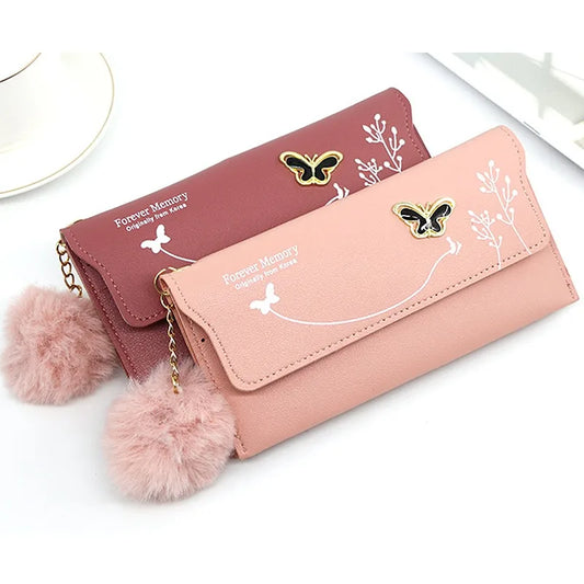 Fashionable New Women Long Wallets Pure Color Wool Ball Bow Clutch Bag Women's Long Bag Card Bag Coin Purse