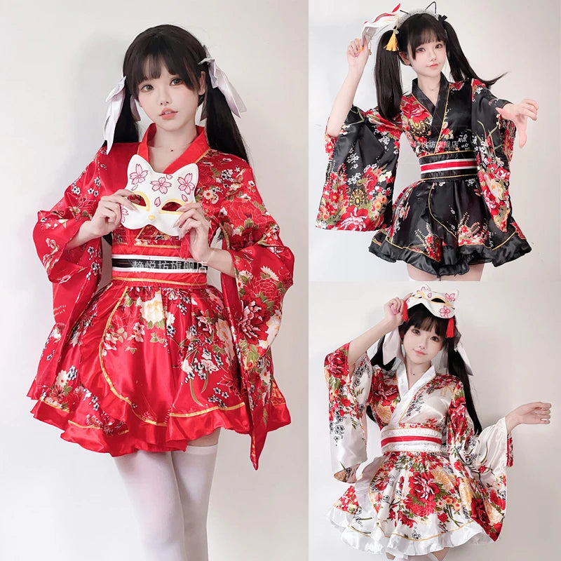 Japanese Kimono Yukata Robes Kawaii Girls Floral Printed Haori Suit Lovely Lolita Dress For Women Maid Cosplay Costume Halloween