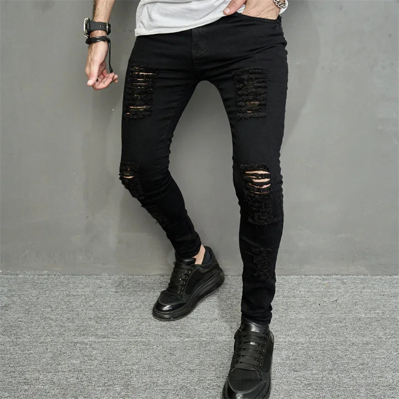 Men Jeans Ankle Length Hole Vintage Ripped Pencil Pants Denim Skinny Pockets Distressed Slim Moto Biker Solid Washed 2024