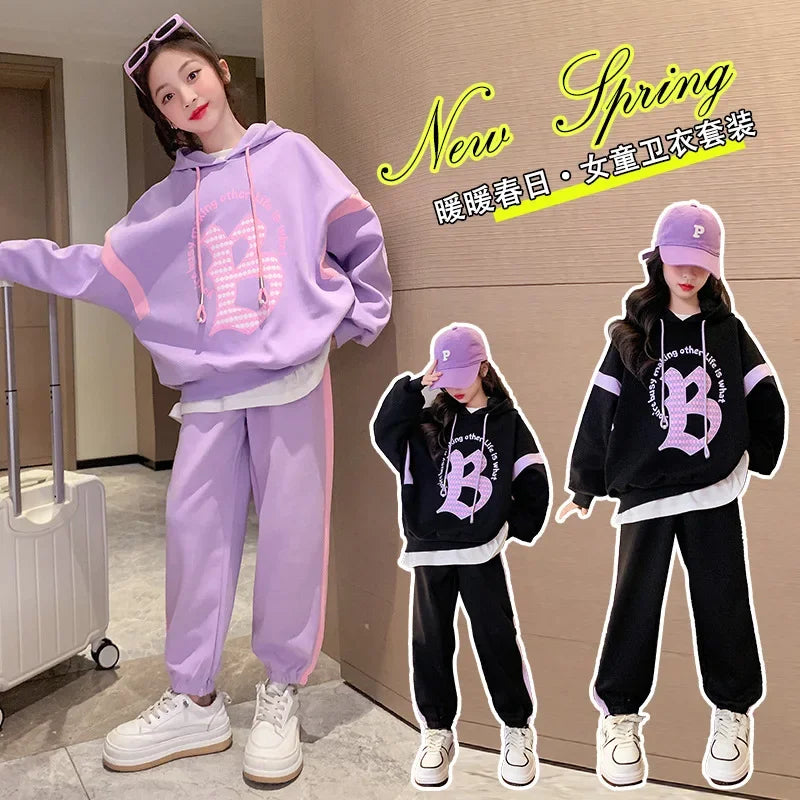 Autumn Teenage Girl Clothes Set Children's Girls Hoodies Pullover Top and Side Stripe Pant 2 Pieces Suit Kids Letter B Tracksuit