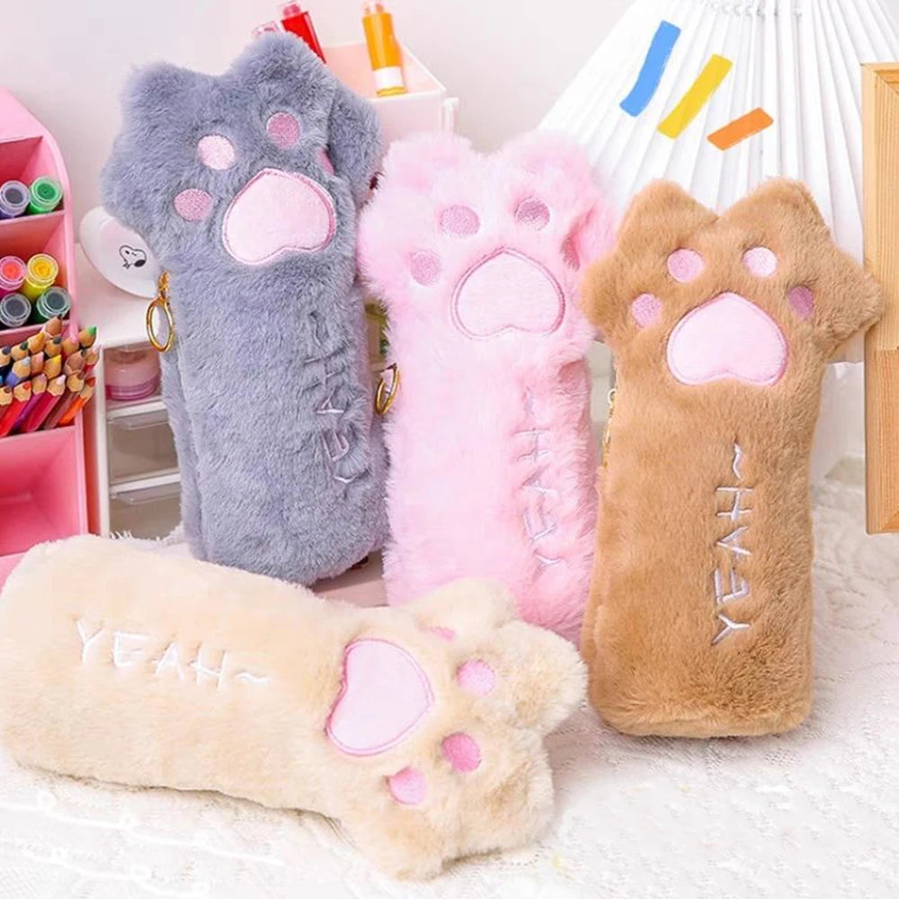 1Pcs Cute Fluffy Cat Paw Pencil Bags Cartoon Plush Pen Case School Office Supplies Stationery Makeup Pouch Cosmetics Holder Gift