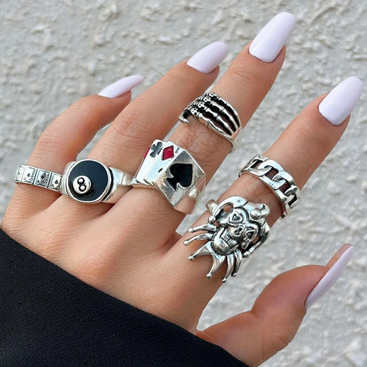 Hip Hop Vintage Skull Ghost Claw Poker Clown Ring Set for Women Hollow Geometric Size 8 Jewelry Steampunk Men