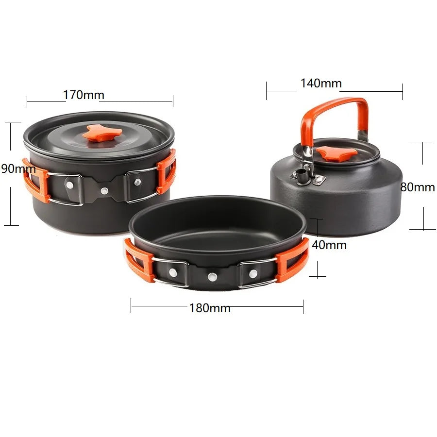 3pcs/Set Portable Non Stick Aluminum Alloy Camping Cookware Tableware Outdoor Kettle Teapot Frying Pan Pot Cooking Picnic Hiking