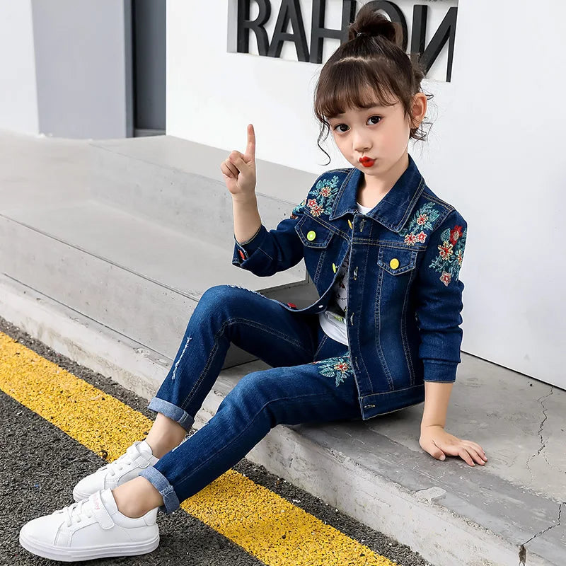 Children Girls Autumn Spring Clothing Set Baby Kids Embroidered Clothing Sets Fashion Denim jacket + Jean pant 2 pcs Suit Set