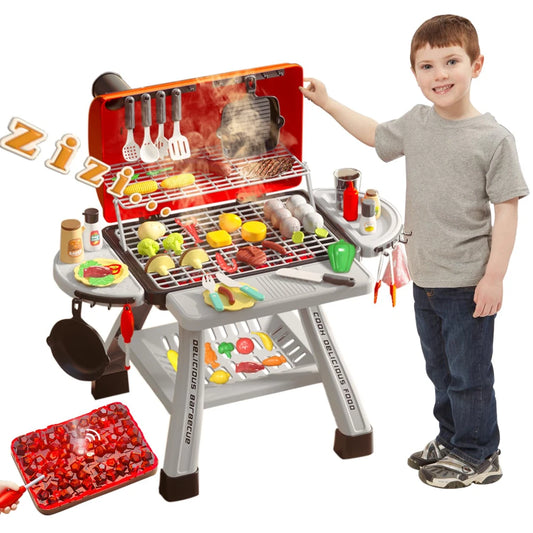 WizKidz Barbecue Grill Toy Set Kids BBQ Kitchen Playset with Smoke Sound Light Simulation Interactive Cooking Toy for Ages 3-12