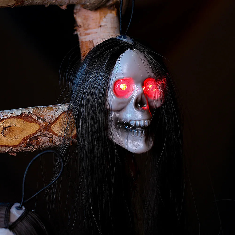 New 2024 Halloween LED Hanging Long Hair Skeleton Female Ghost Horror Luminous Eyes Skull Props Halloween Horror Decorative