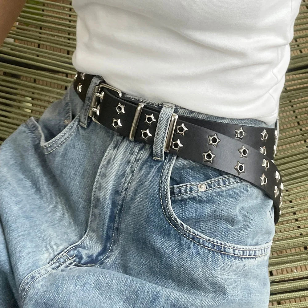 Y2K Star Rivet PU Leather Belts Women Men Punk Black White Double Row Hollow Waist Strap Trendy Waistband Jeans Skirt Decoration