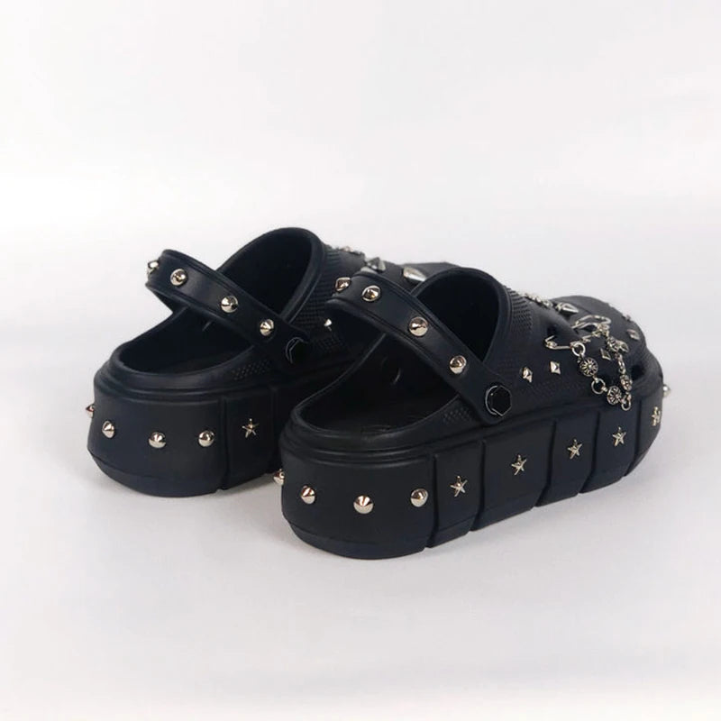 Summer Women Platform Slippers Punk Pin Rivet Sandals Garden Shoes High Heel Metal Charms Wedge Soft EVA Casual Shoes For Female