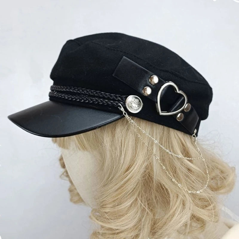 Lolita Girls Felt Beret Cap with Love Heart Buckle Belt Women Fashion Tassel Chain Octagonal Hat Adult Teens Party Cosplay Hat