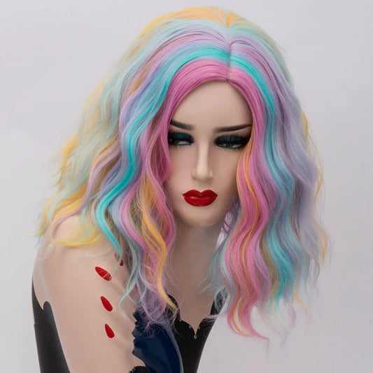 Short Cosplay Synthetic Wigs For Women Rainbow Highlights Color Wavy Wigs Side Central Hairline Cos Rose Net Ombre Hair