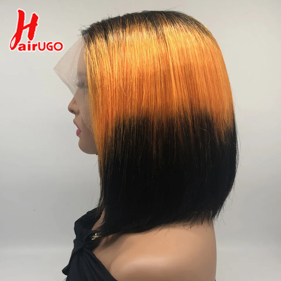 Rainbow Bob Wigs Highlight Orange T Lace Wigs Brazilian Remy T Lace Front Human Hair Wigs For Women Transparent Bone Wig HairUGO