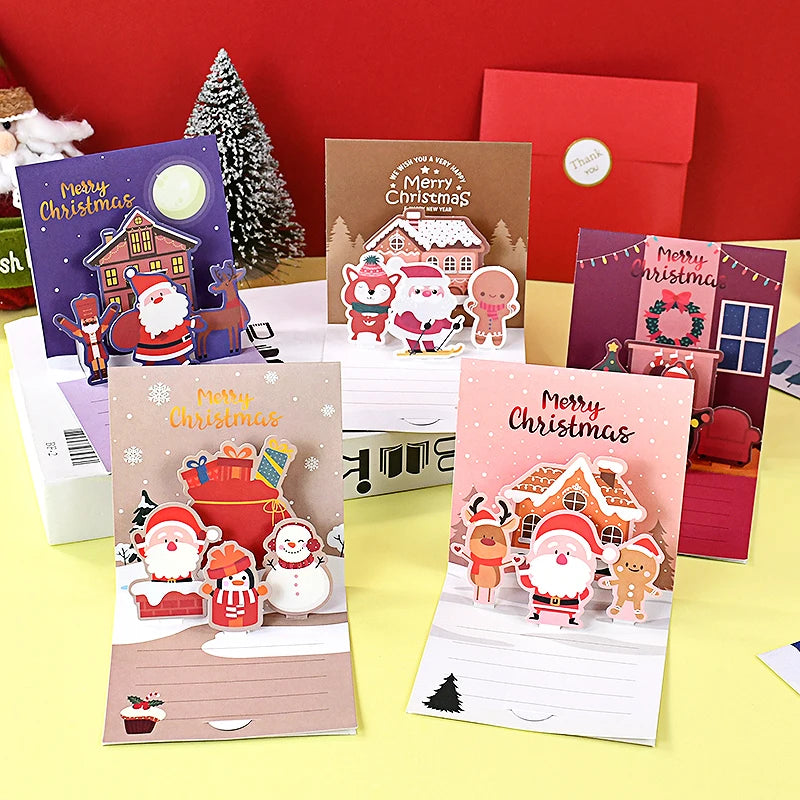 1set Merry Christmas 3D Pop UP Greeting Cards With Envelope Christmas Thank You Invitation Blessing Postcard New Year Xmas Noel