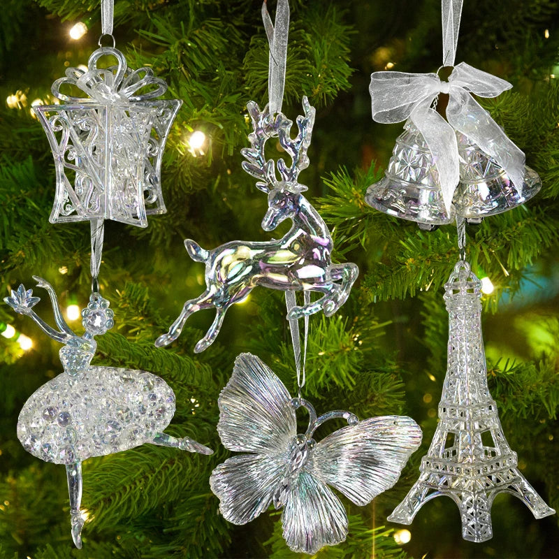 Snowflake Icicle Drop Ornaments Crystal Christmas Tree Transparent Decoration Pendant Xmas Home Tree Decor Hanging New Year 2024