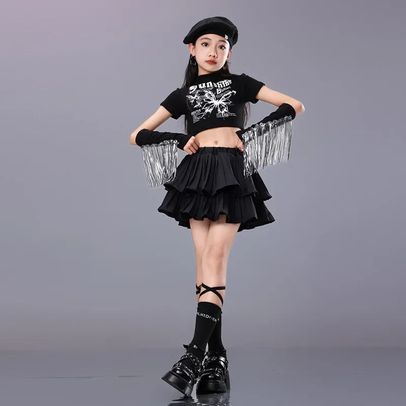 Girls Hip Hop Tassels Crop Top Street Dance Ruffled Skirts Child K-pop Shiny T-shirts Streetwear Clothes Sets Kids Jazz Costumes