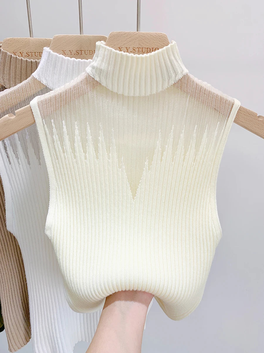 Halter Neck Knitwear Women's Sleeveless T-Shirt Elastic Mesh See-Through Sexy Vest Sweater Tops Korean Fashion Y2k Tees Clothing