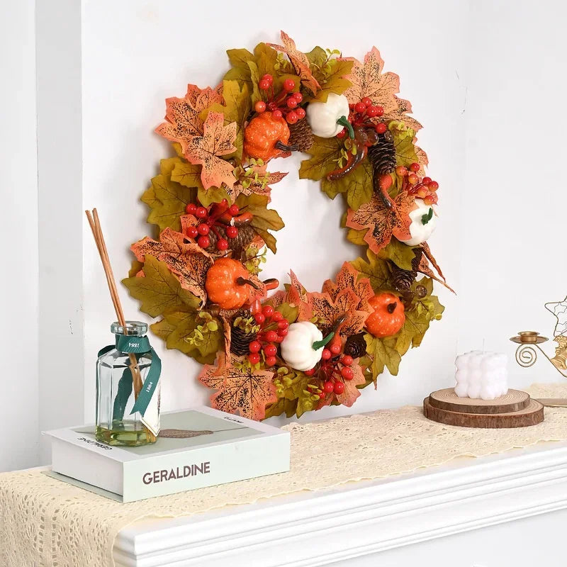45cm Fall Wreaths Pumpkin Berry Maple Leaf Artificial Wreath Harvest Autumn Front Door Wreath Christmas Halloween Home Decor