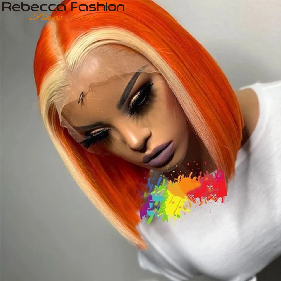 Short Cut Ginger Blonde Ombre Straight Bob T Lace Wigs Human Hair Pre Plucked Brazilian Straight Lace Front Human Hair Lace Wigs