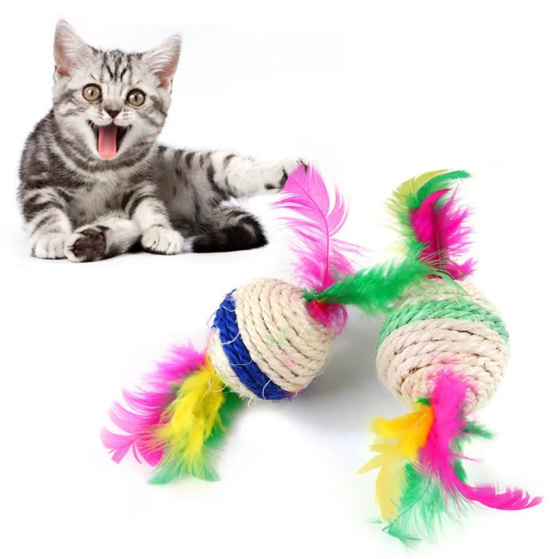 Cat Toy Sisal Ball Cat Toys Interactive Feather Toys for Cats Teeth Cleaning Scratching Ball Cats Toy with Bell Pet Supplies