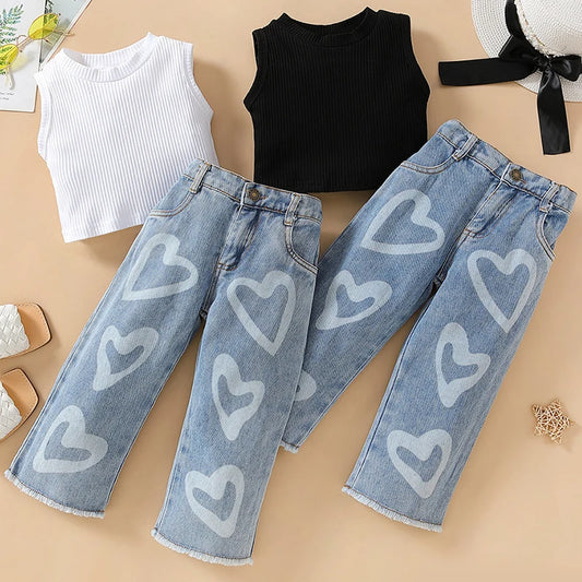 2Piece Summer Baby Girls Outfit Sets Korean Fashion Casual Black Sleeveless Cotton Tops+Loose Jeans Kids Boutique Clothes BC413