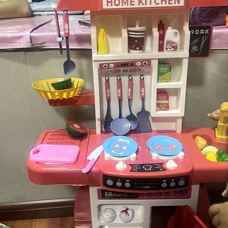 95cm Large Kids Play House Kitchen Set Spray Kitchen Girl Baby Mini Food Cooking Simulation Dining Christmas Table Toys Gifts