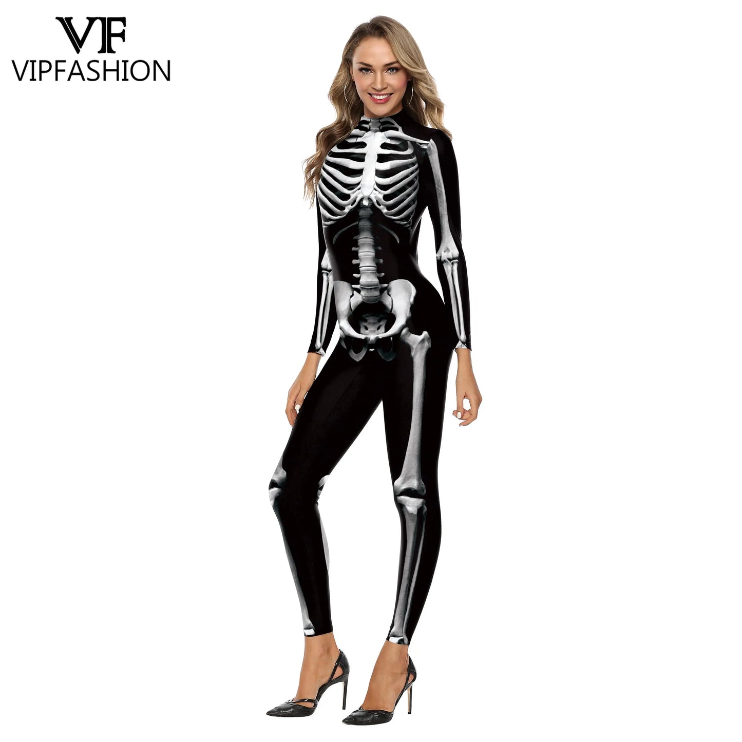 VIP FASHION Adult Skeleton Cospaly Costume Unisex Halloween Ghost Jumpsuit Carnival Party Zentai Bodysuit Scary Show Outfit Suit