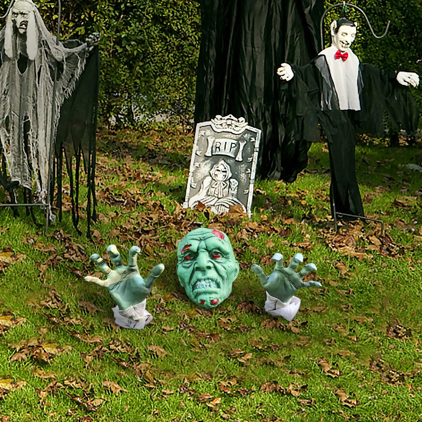 Halloween Decor Realistic Zombie Face and Arms Lawn Stakes, Skeleton Bone Head and Hands, Garden Yard Graveyard