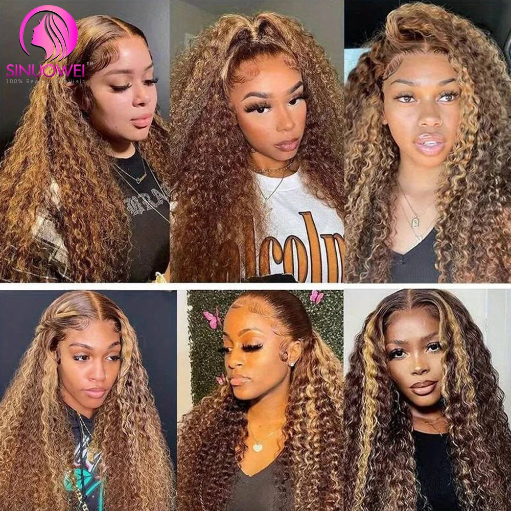 Highlight Wig Human Hair 13X6 Water Wave Frontal Wig Brazilian Curly P4/27 Honey Blonde Highlight Lace Frontal Wigs For Women