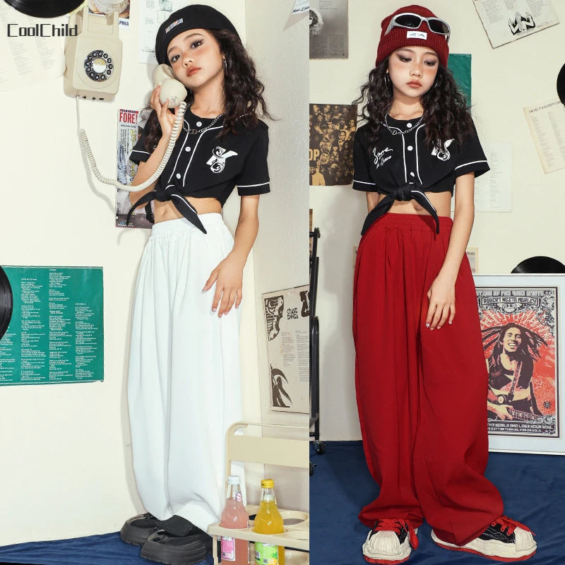 Hip Hop Girls Crop T-shirt Loose Pants Kids Street Dance Baseball Jacket Child Streetwear Jazz Clothes Sets Teen Fashion Costume