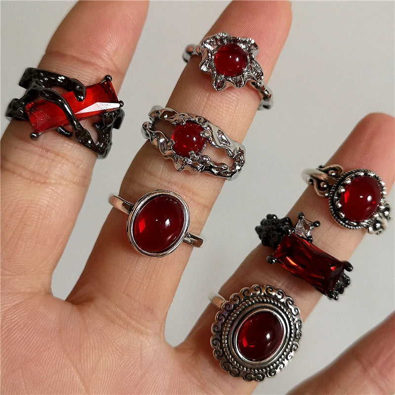 Vintage Y2k Gothic Red Crystal Glass Irregular Geometry Aesthetic Open Rings For Women Punk Creative Grunge Jewelry Accessories