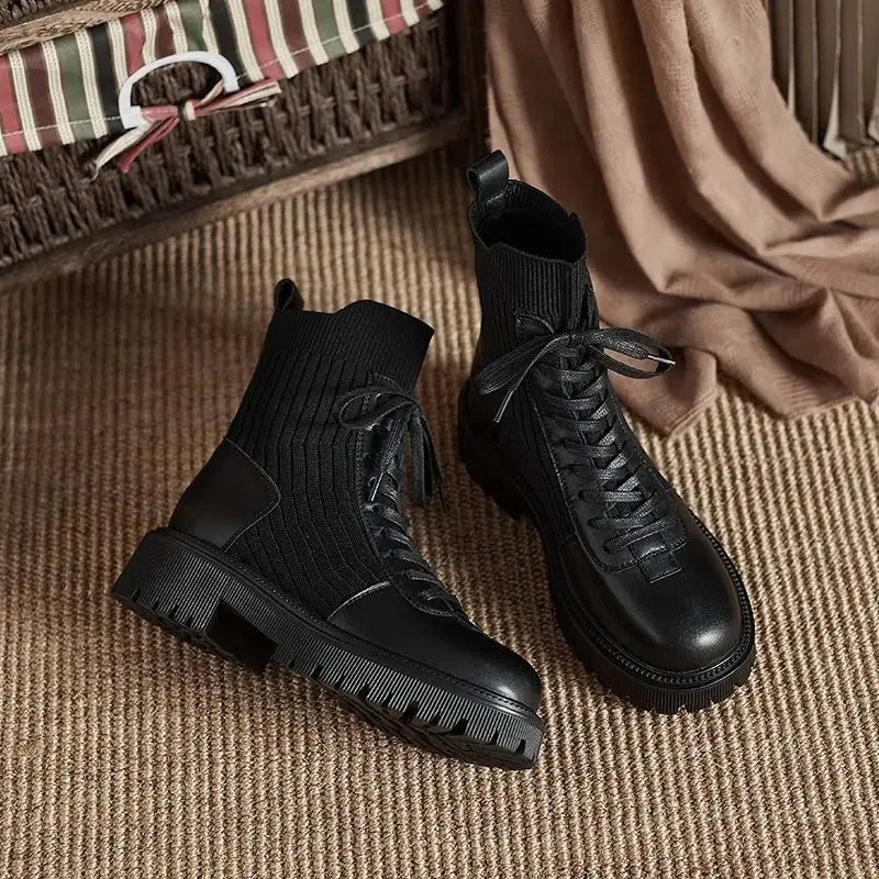 Booties Lace-up Sock Black Female Ankle Boots Punk Style Footwear Combat with Laces Short Shoes for Women Fashion 2023 New Rock