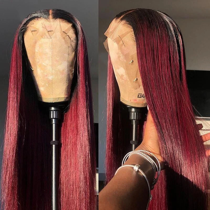 Peruvian Straight Hair 13x4 HD Lace Front Wig Human Hair Wigs 1B/99J Burgundy Pre-Plucked 4x4 Lace Closure Human Hair Wigs