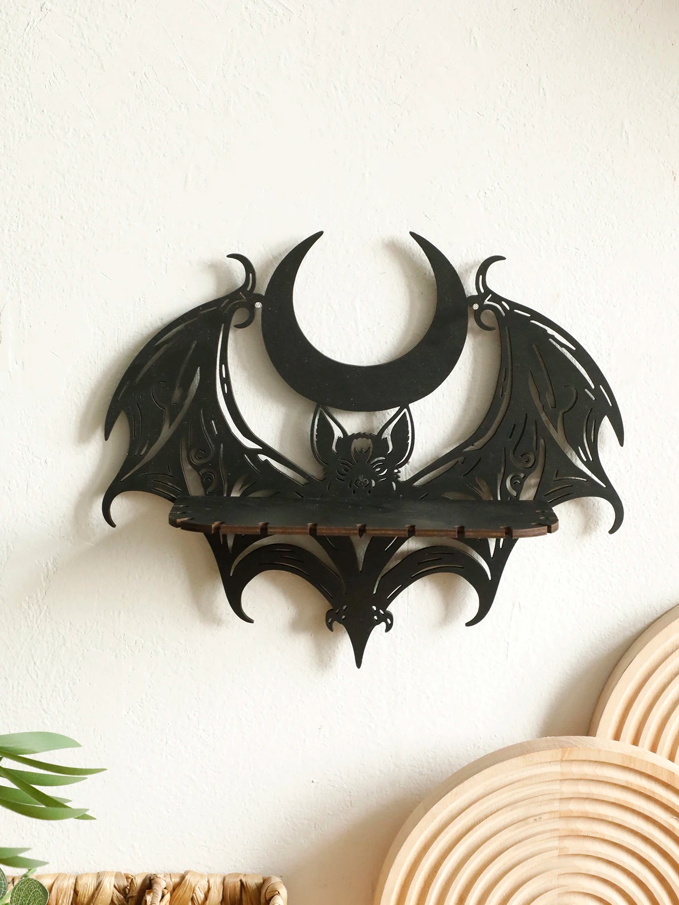 Halloween Black Wooden Wall Shelf Gothic Bat Moon Hollow Pattern Floating Shelf Crystal Holder Goth Home Decor Witch Room Decor