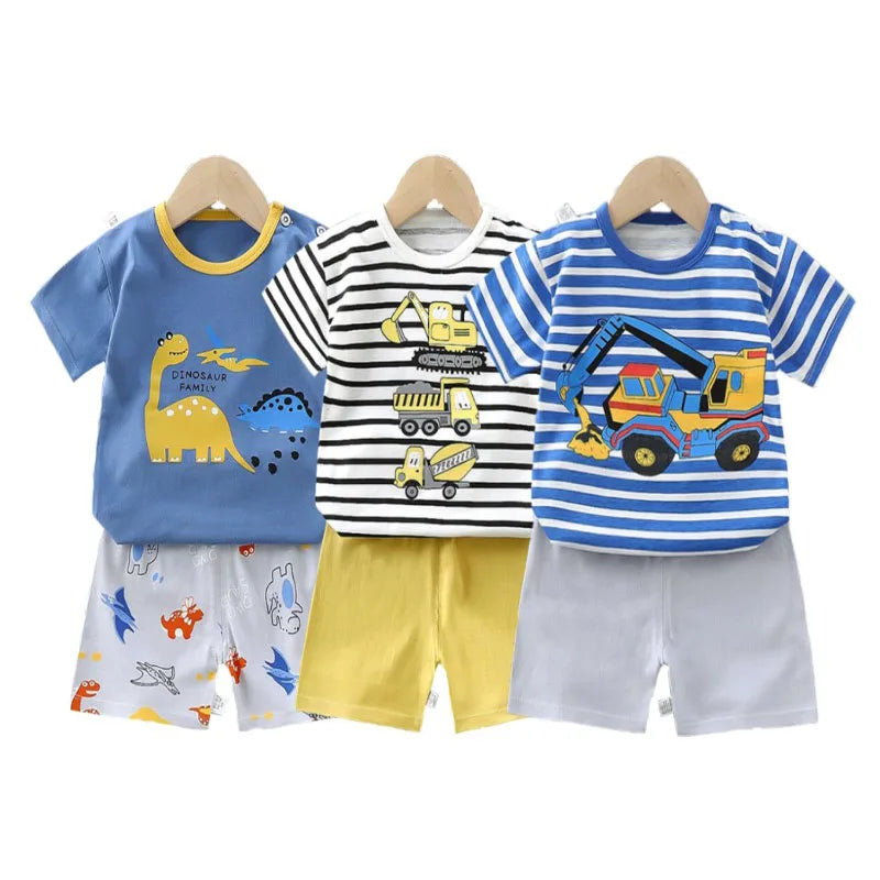 Summer T-Shirt+Shorts 2-Piece Clothing Set Kids Baby Boy Girl Soft Cotton Pajama Cartoon Excavator Casual Clothes Suit 1-6 Years